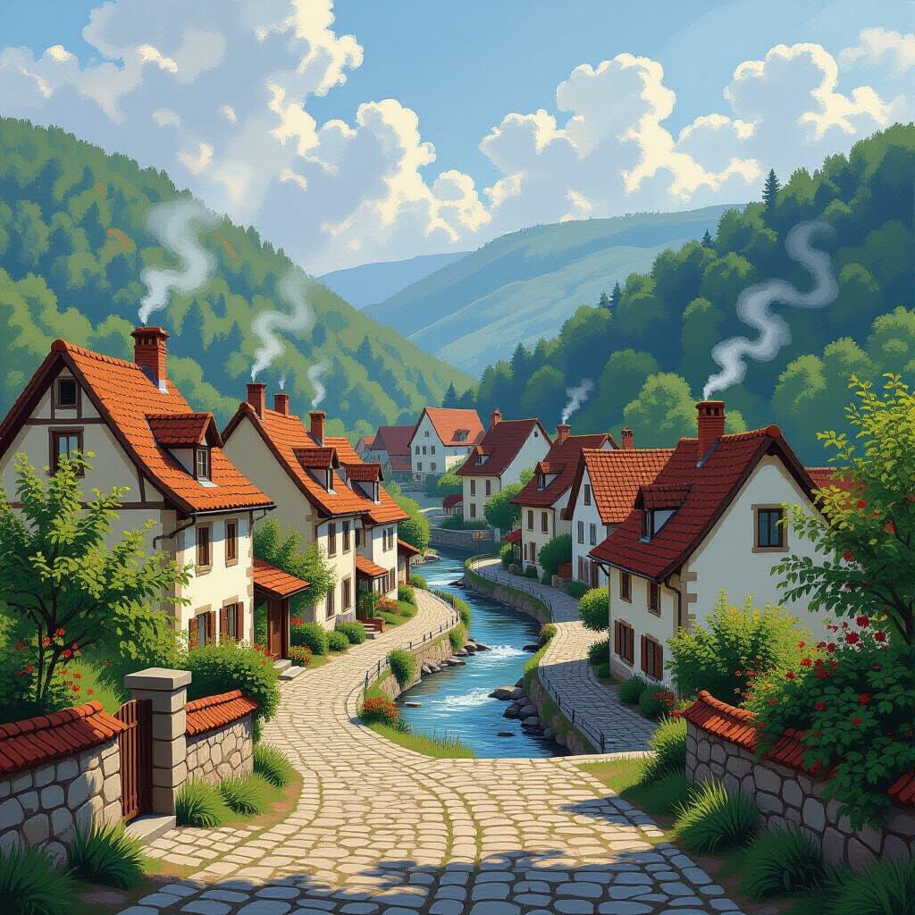 Quaint Village in Valley: Impressionist Landscape