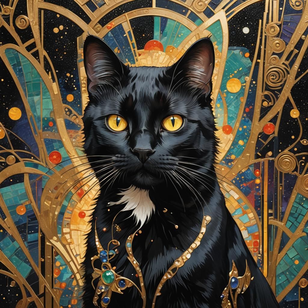 Art Deco Black Cat Inspired by Klimt