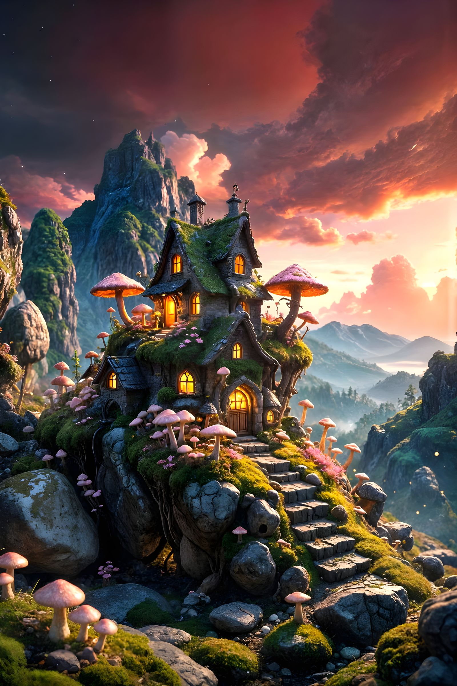 Miniature Mossy World with Glowing Mushrooms