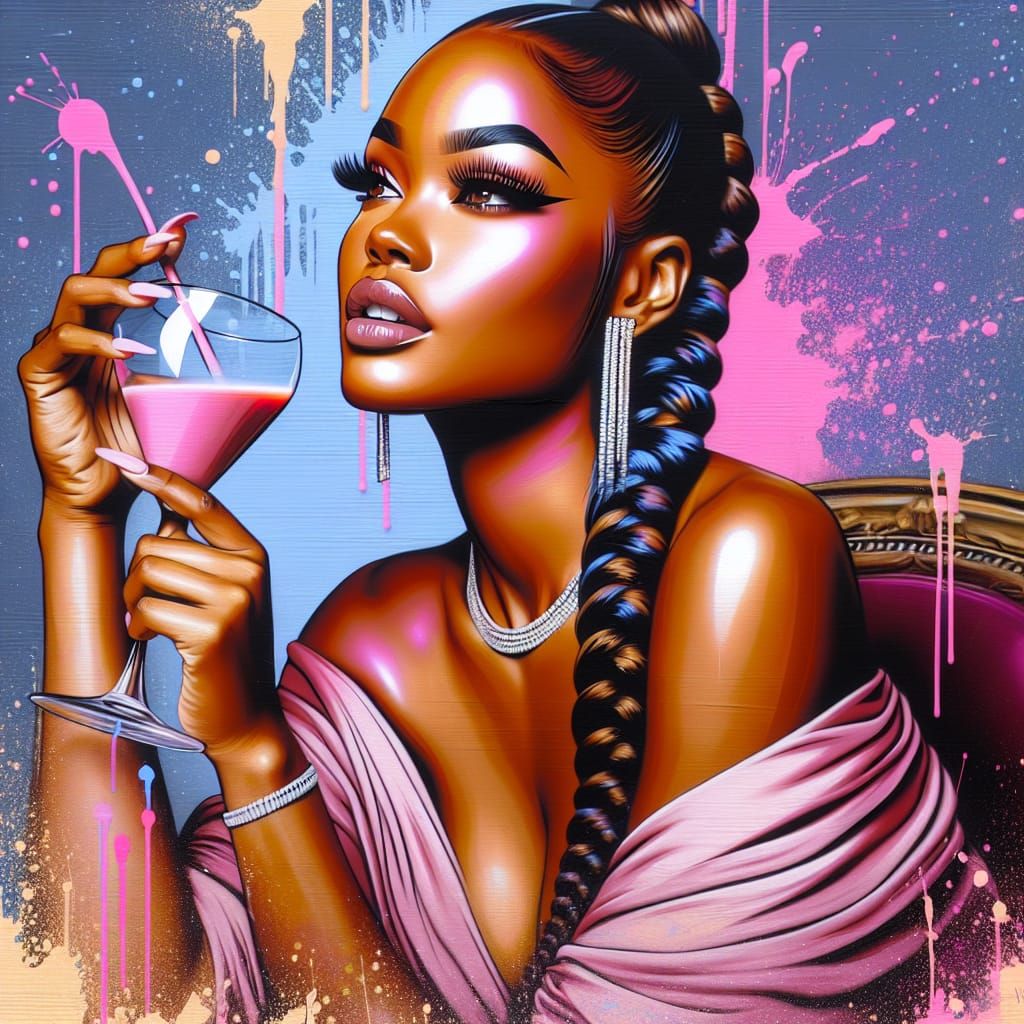 Polychromatic Graffiti Art of Woman in Pink Gown