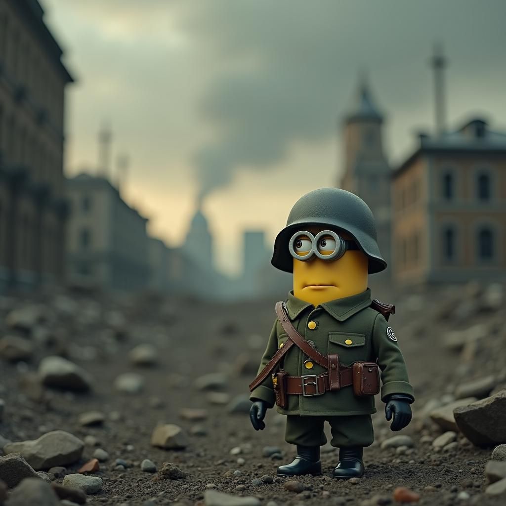 Minion Soldier in War-Torn City, Surreal Art