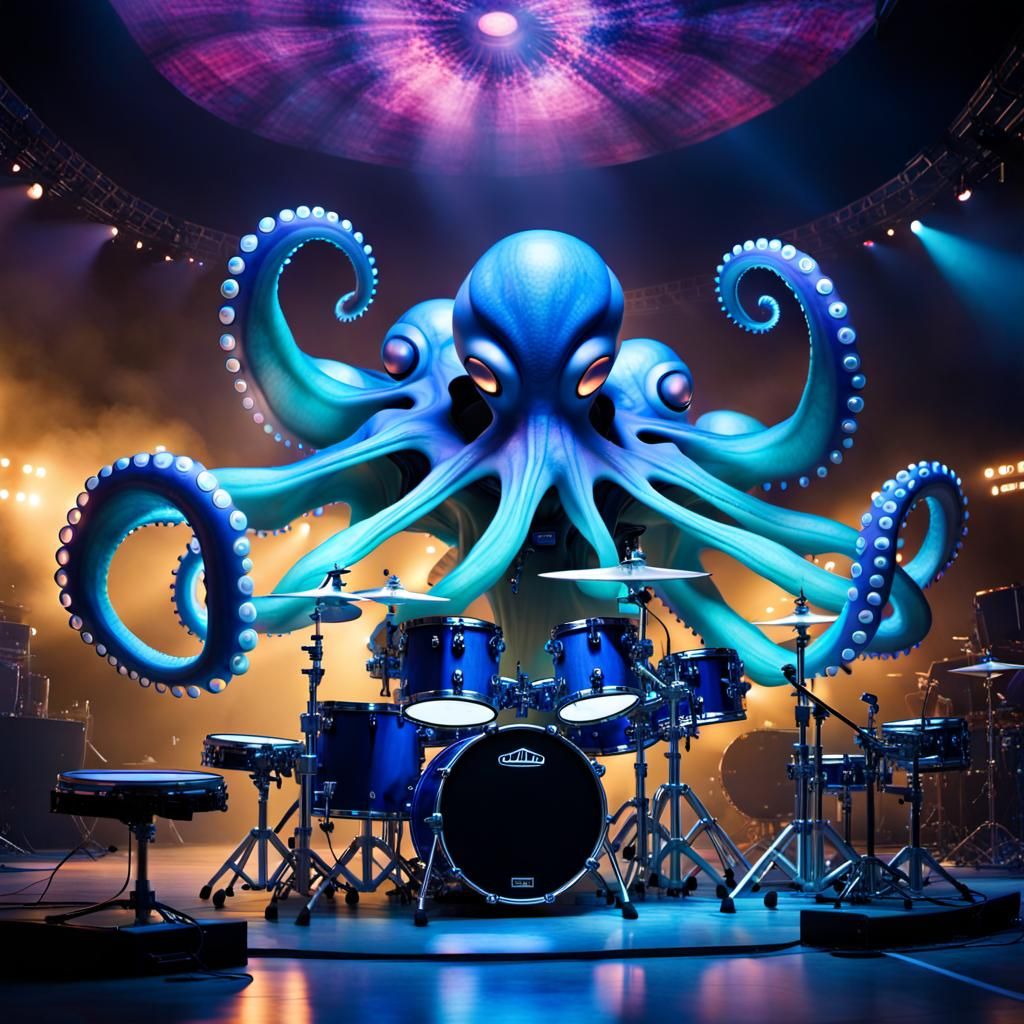 Blue Alien Octopus Drummer on Stage