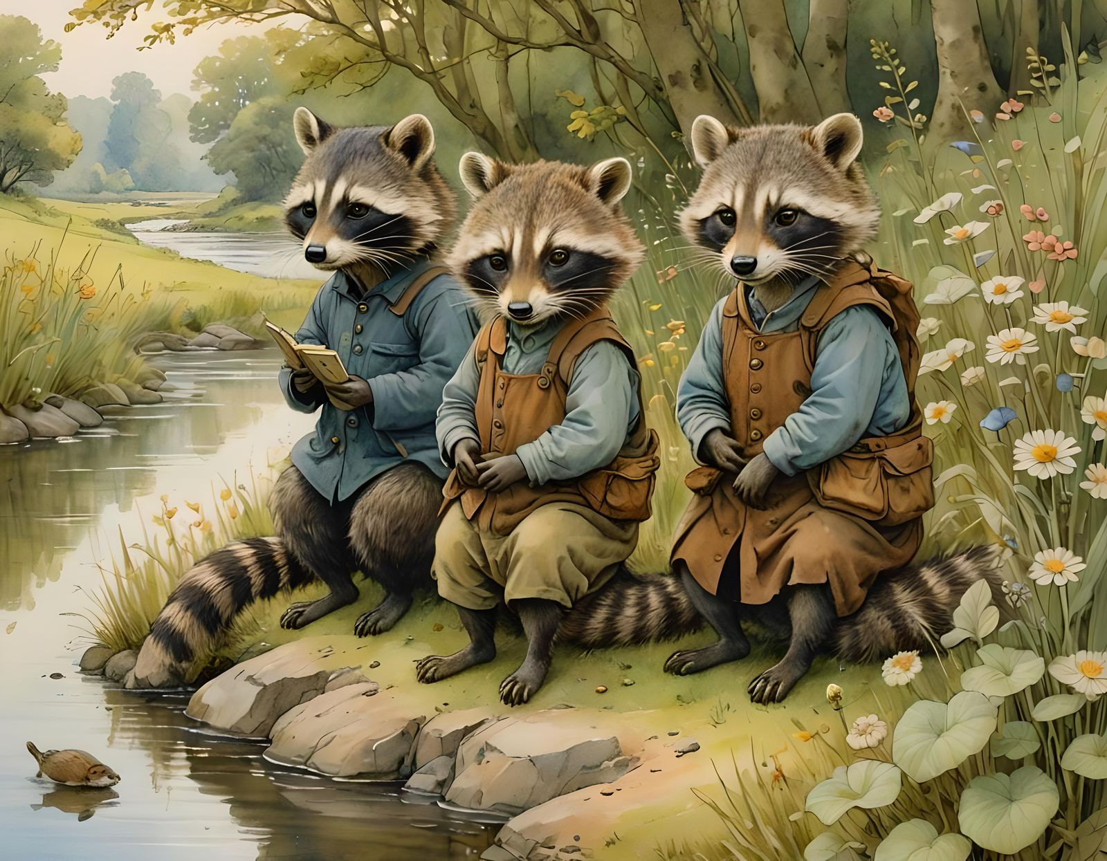 Raccoon and Opossum Friends in Watercolour Painting