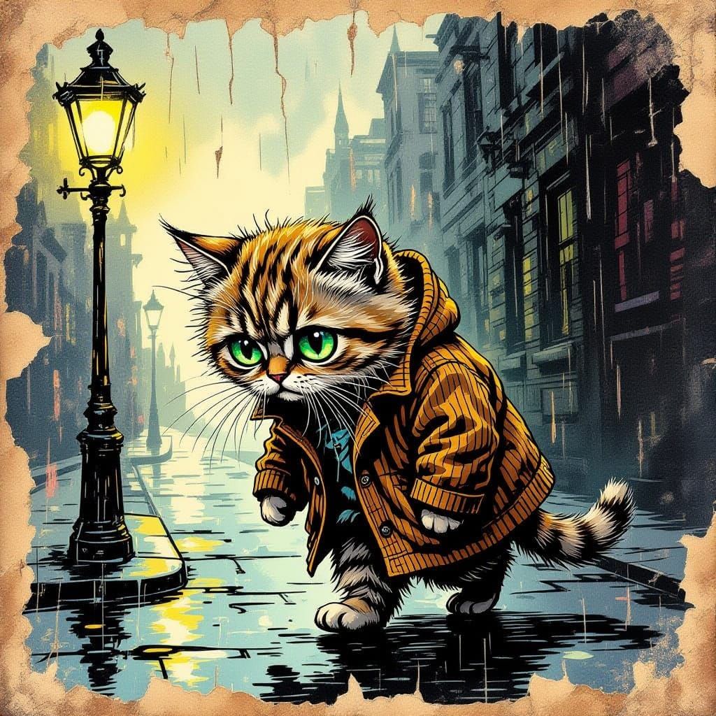 Vintage-Style Cat Lost in the Rainy City Streets
