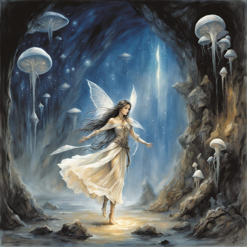 Solitary Elf Consults Star Map in Bioluminescent Cave