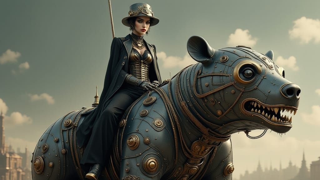 Steampunk Robotic Bear Portrait with Woman Rider