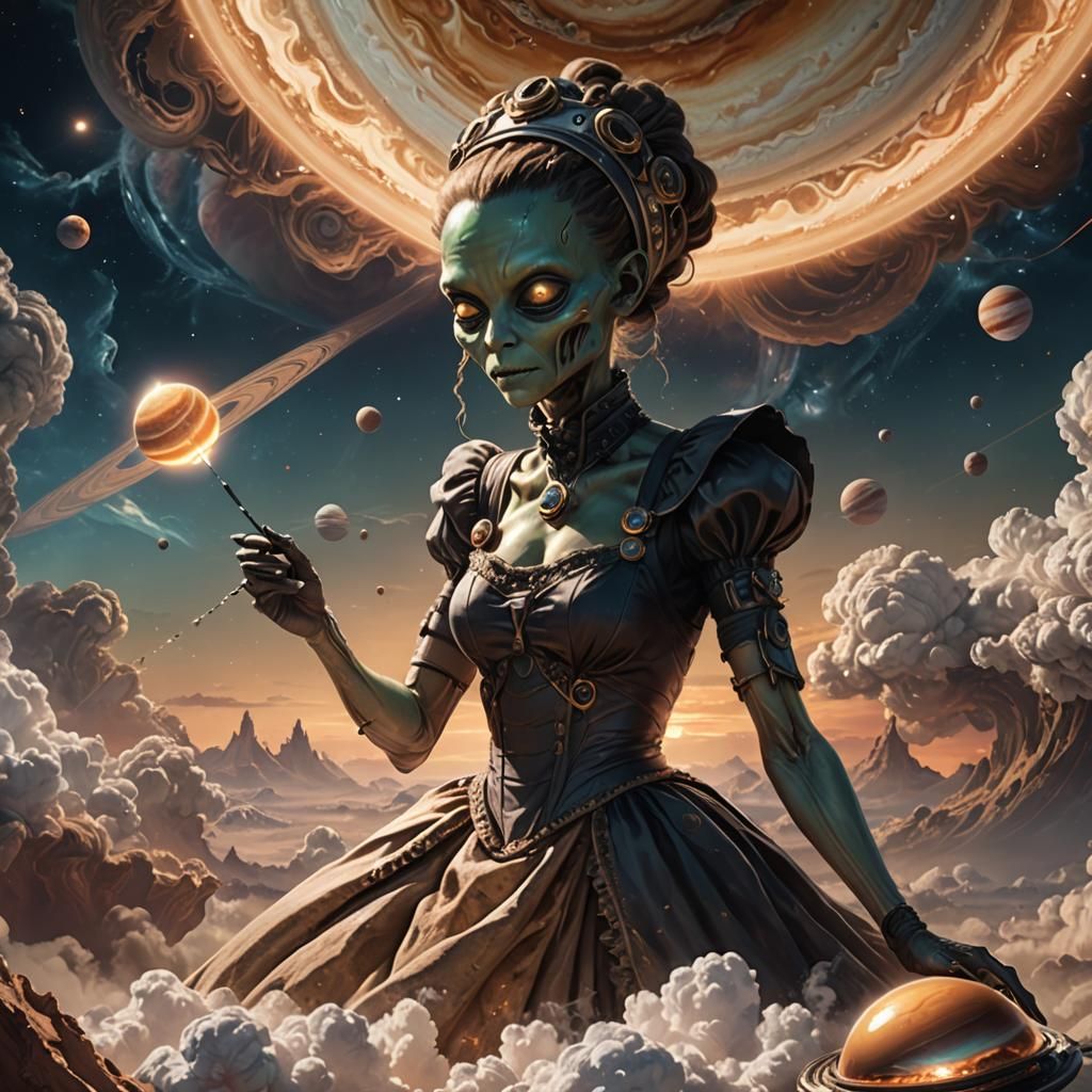 Alien Maid Mends Jupiter in Cosmic Concept Art