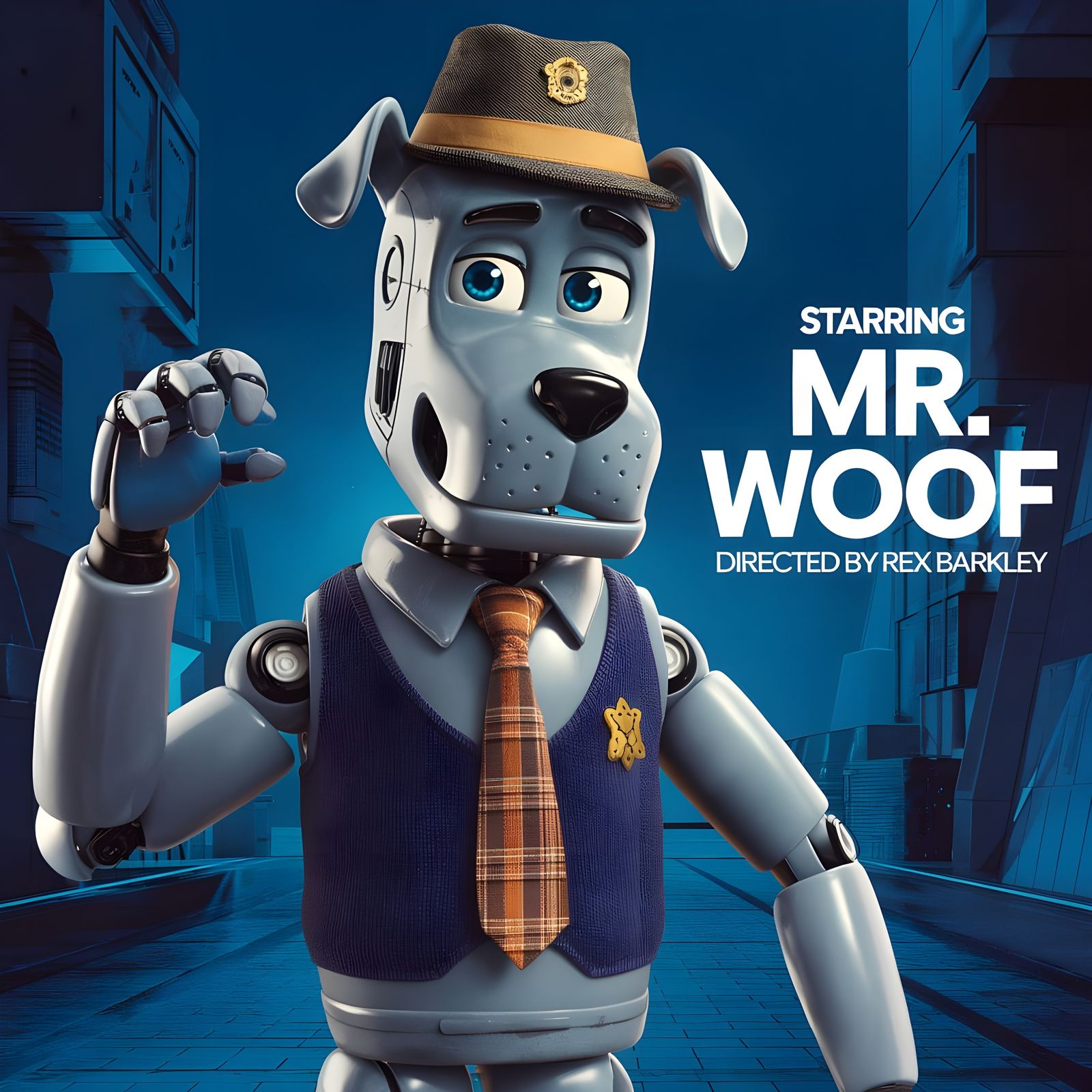 Robotic Dog Detective Movie Poster in Futuristic City