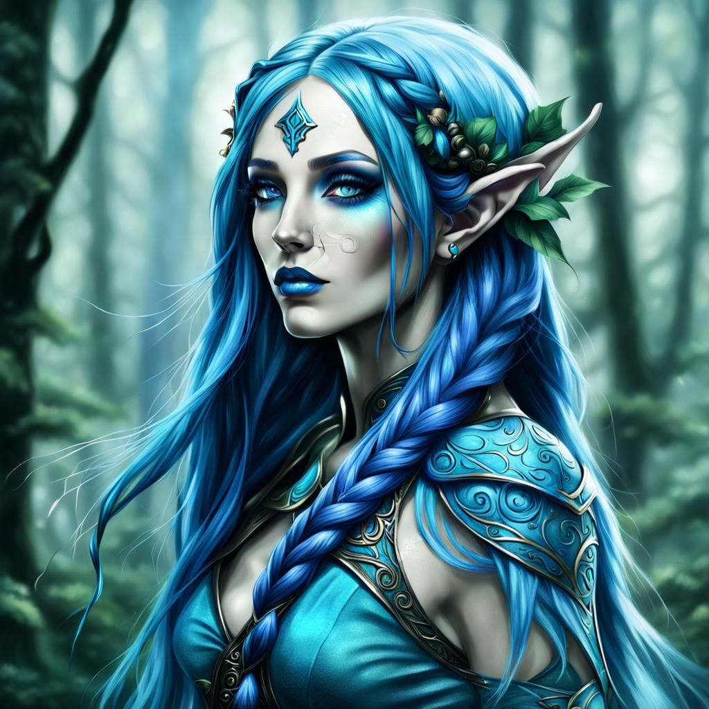 Sensual Blue-Haired Elf Druidess Portrait