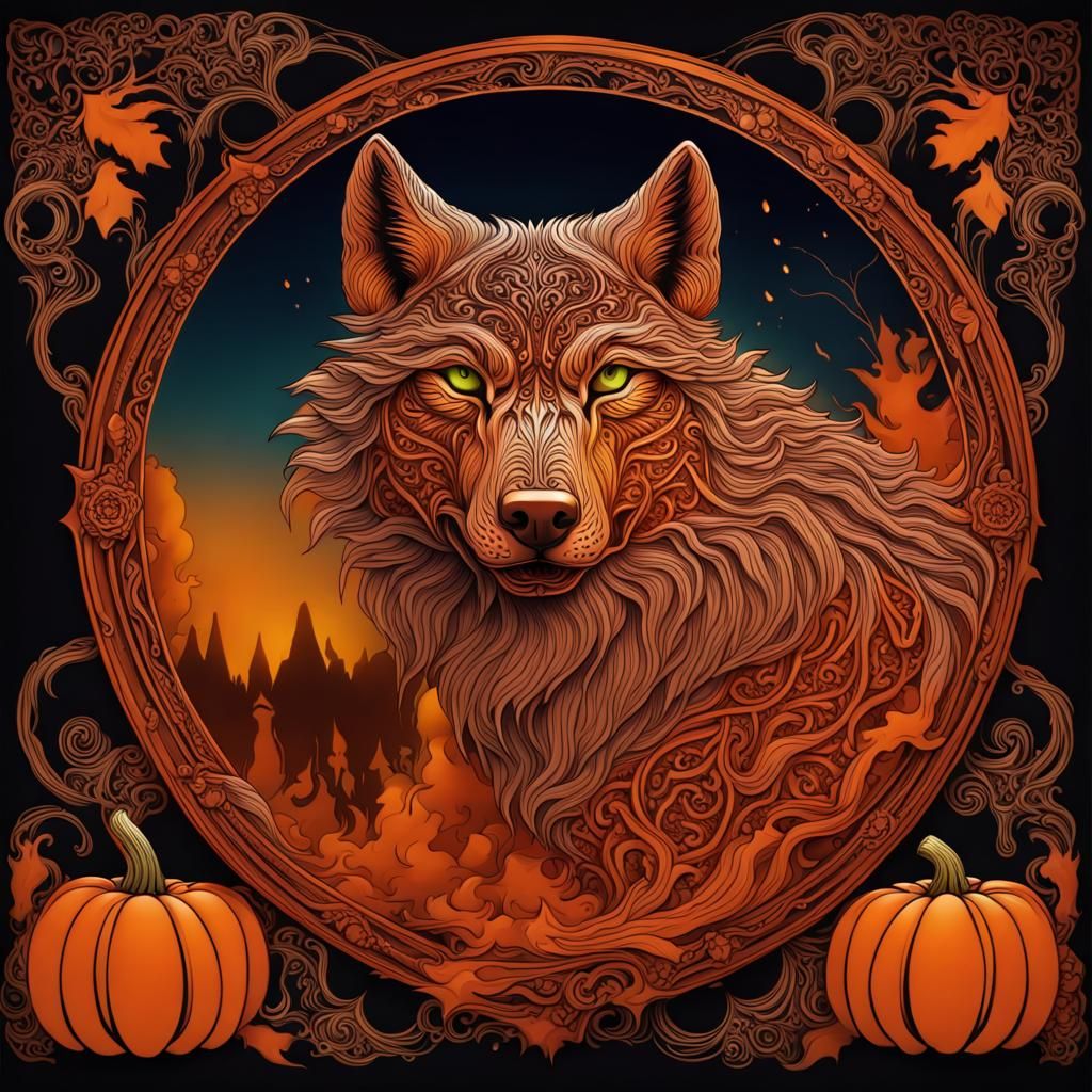 Intricate Wolf Pumpkin Carving: Fantasy Concept Art