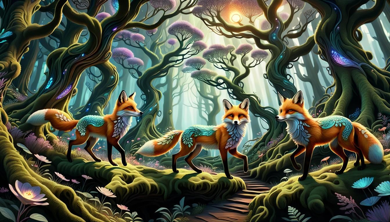 Opalescent Foxes Run Through Enchanted Forest