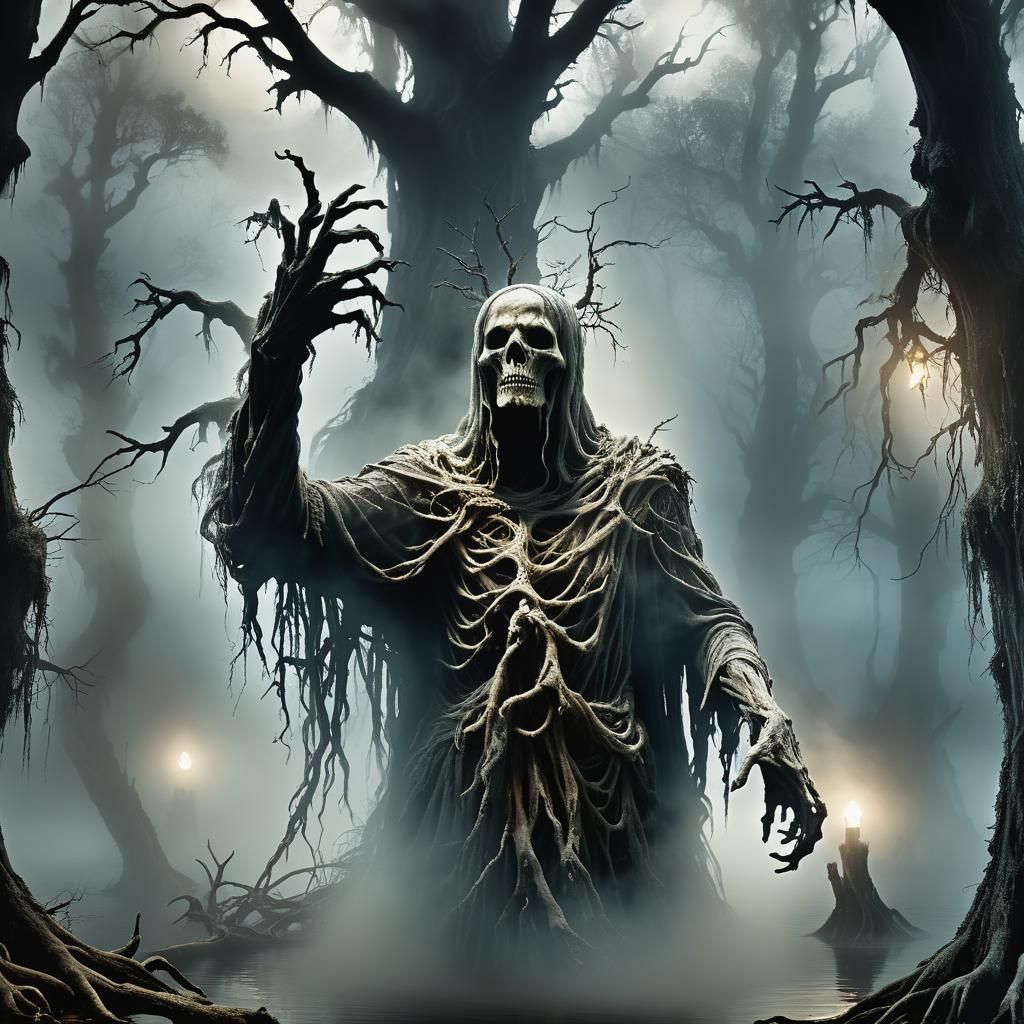 Ghostly Spirit Rises from Misty Swamp in Dark Romanticism