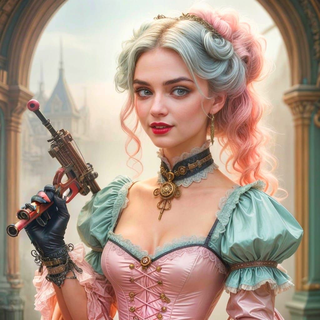 Steampunk Vampire Slayer with Pastel Pink Latex Dress