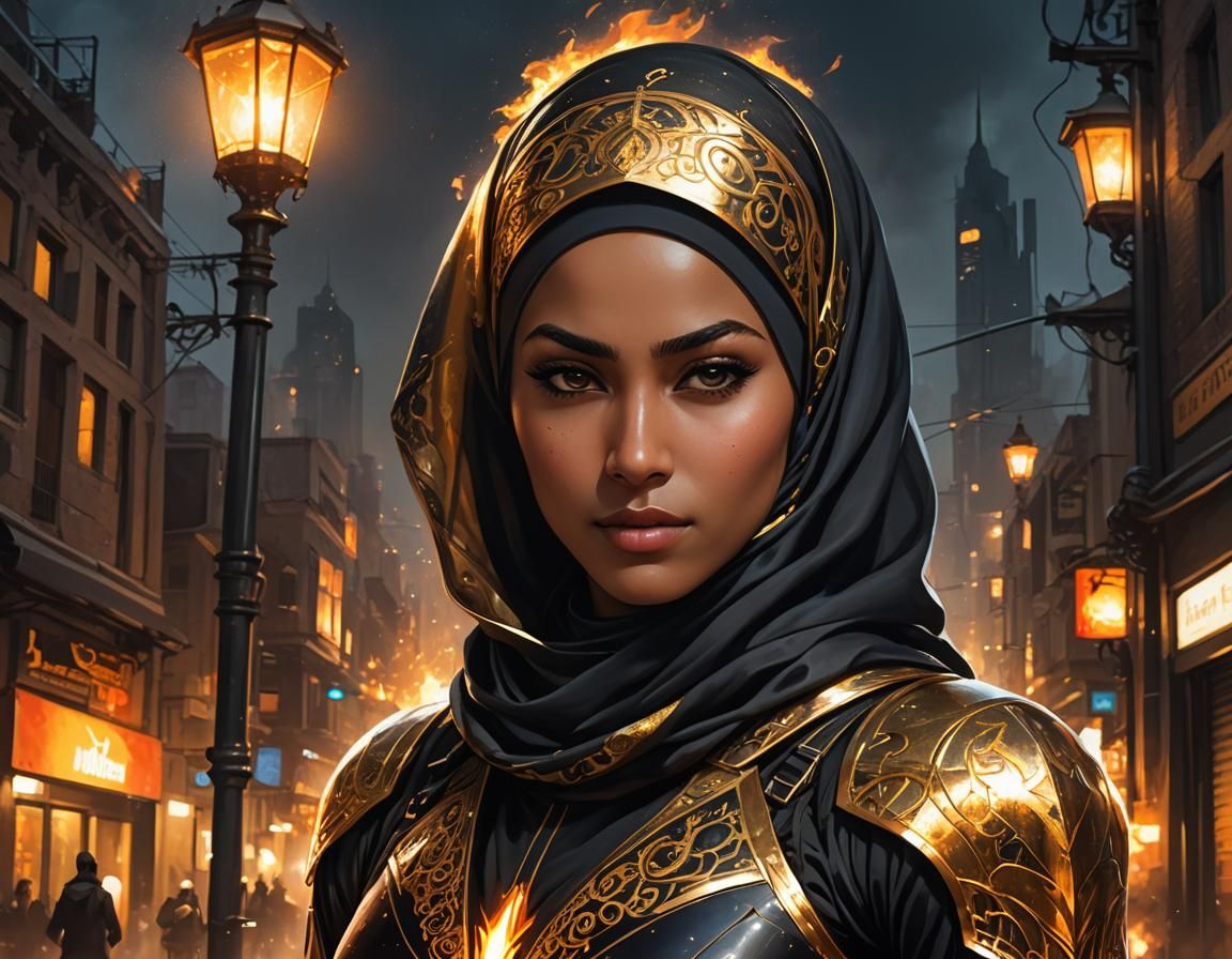 Closeup of fiercely looking curvy strong athlete hijabi middle eastern woman wearing a full metal black golden