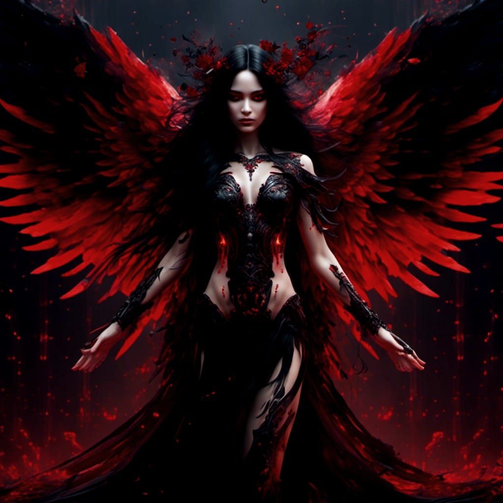 Ethereal Fallen Angel with Spectral Wings and Red Glyphs