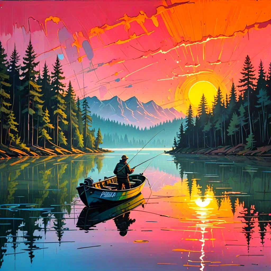 Vibrant Sunrise Over a Serene Lake in a Cyberpunk Aesthetic