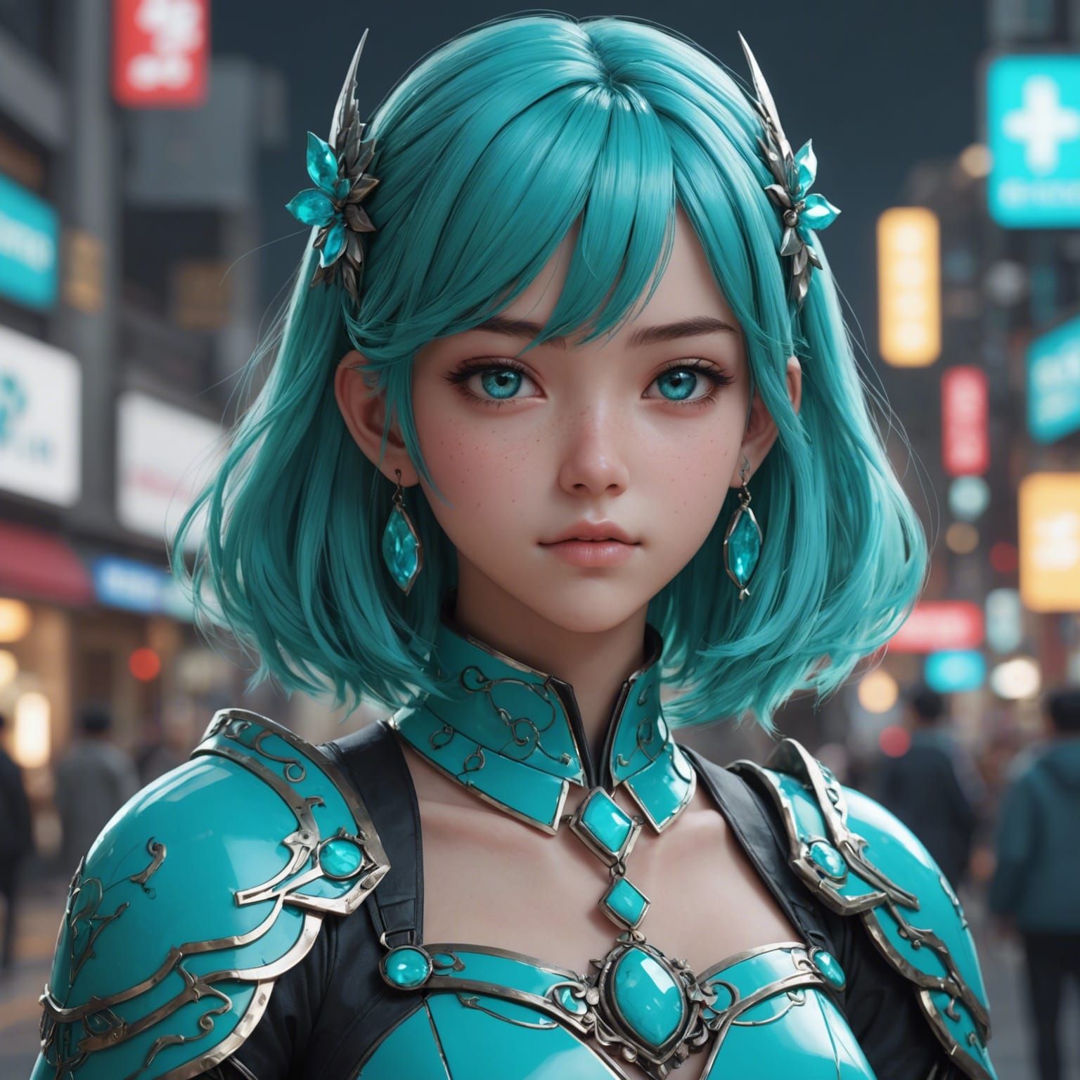 Turquoise Anime Girl in 3D Style