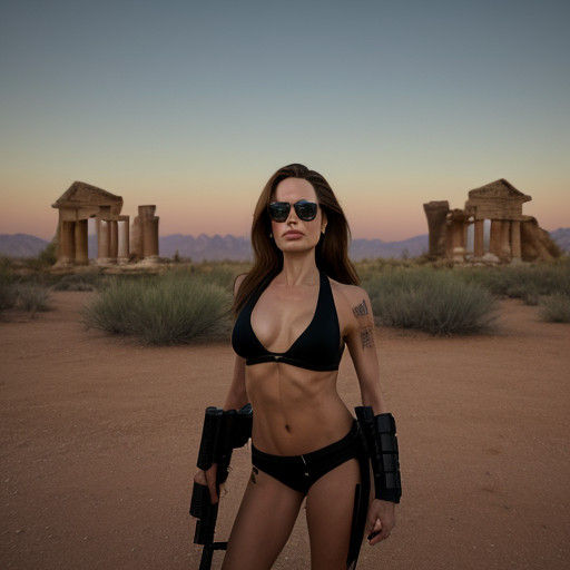 Angelina Jolie as Lora Croft in Ancient Temple Desert Landsc...
