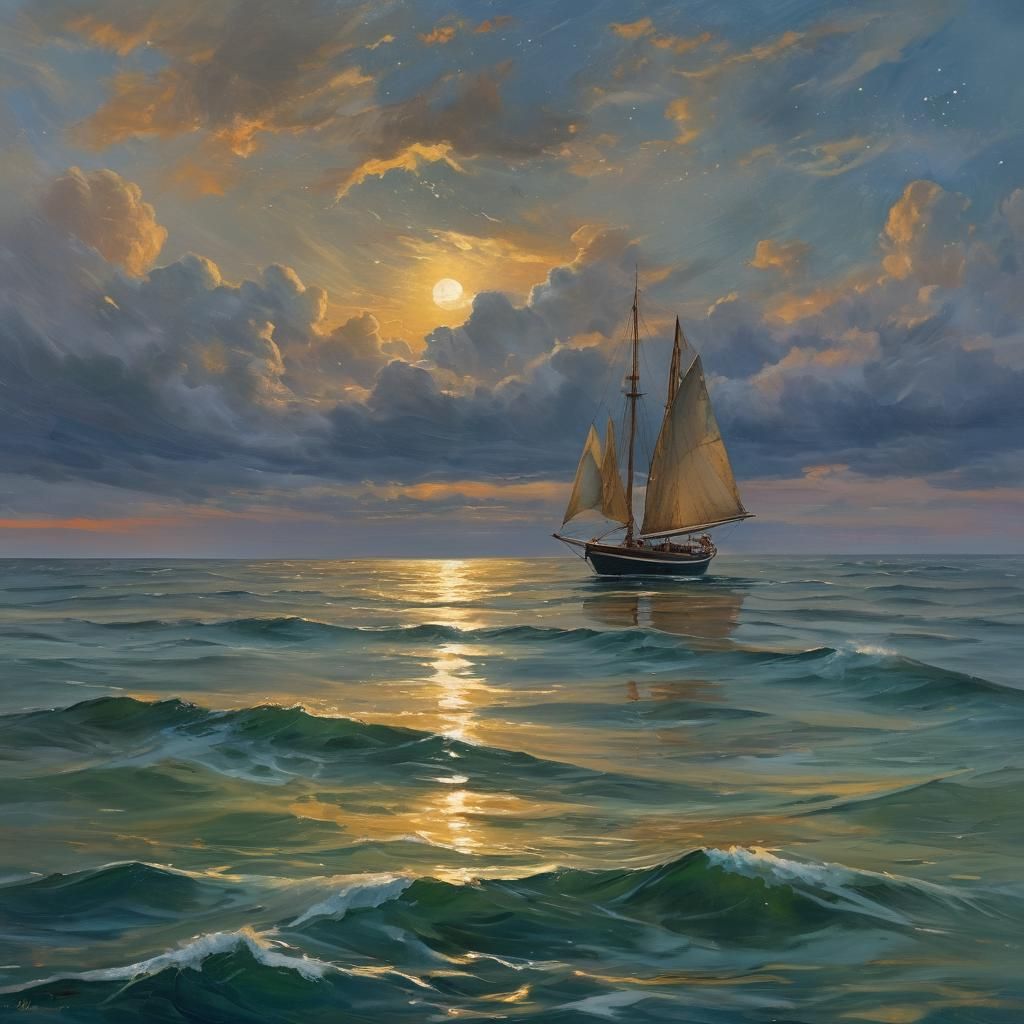Sailboat at Night: Impressionist Oil Painting