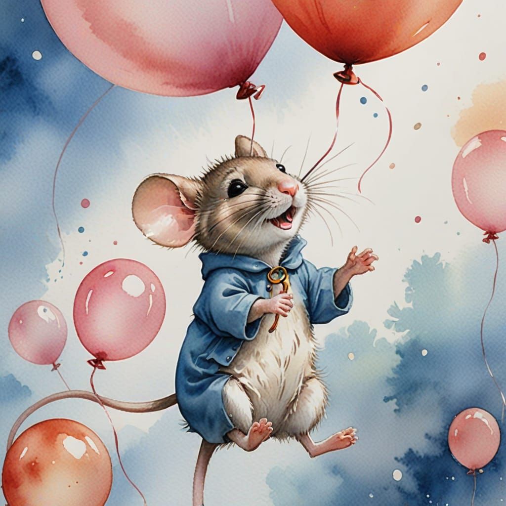 Mouse Floating with Balloon in Watercolor Style