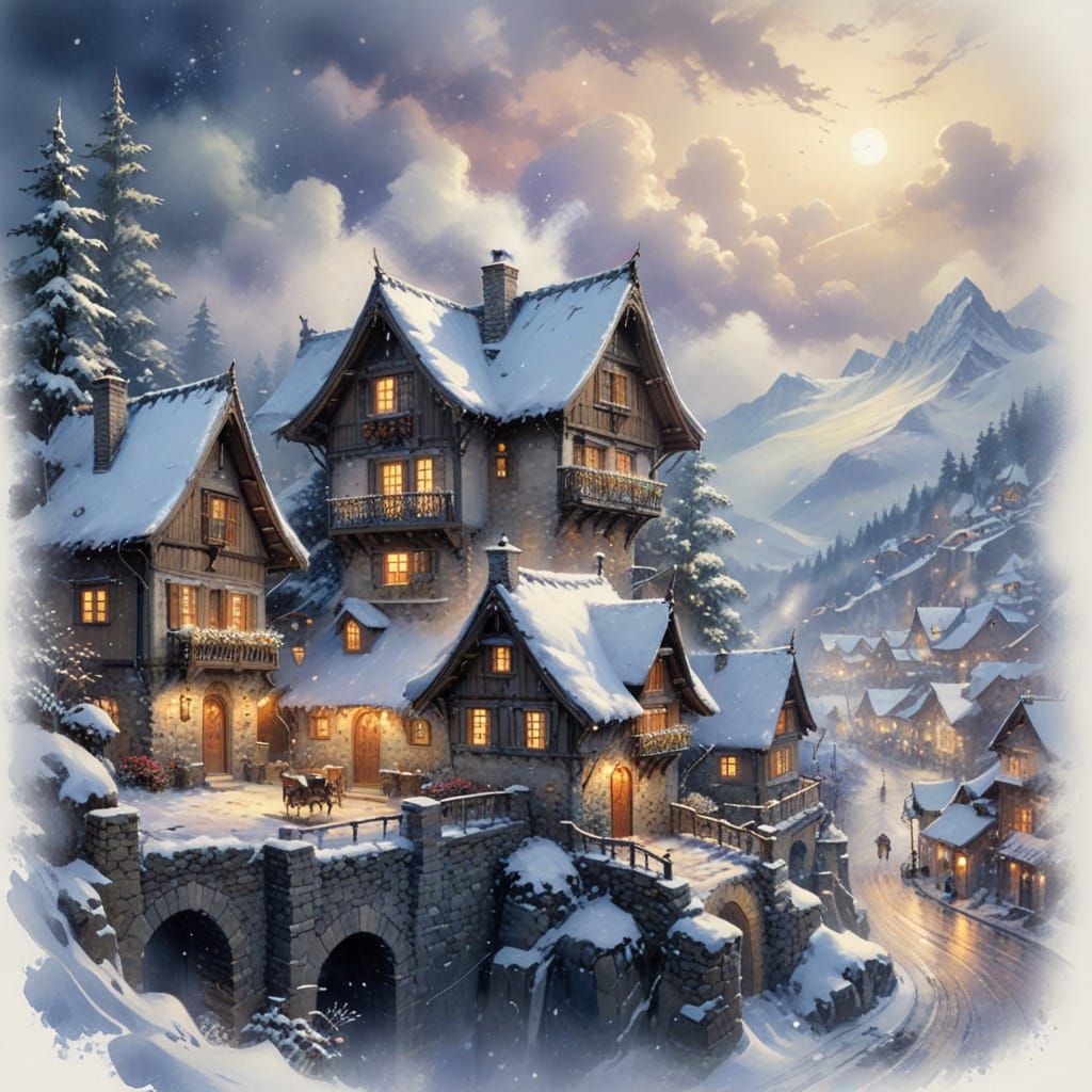 Snowy Village at Blue Hour in Watercolor Style