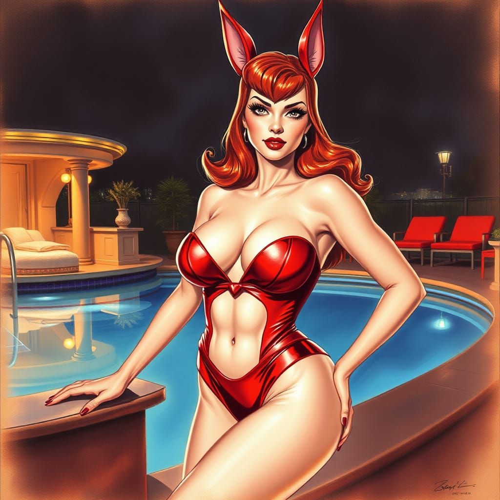 Jessica Rabbit in Red Bikini: Sensual Charcoal Drawing