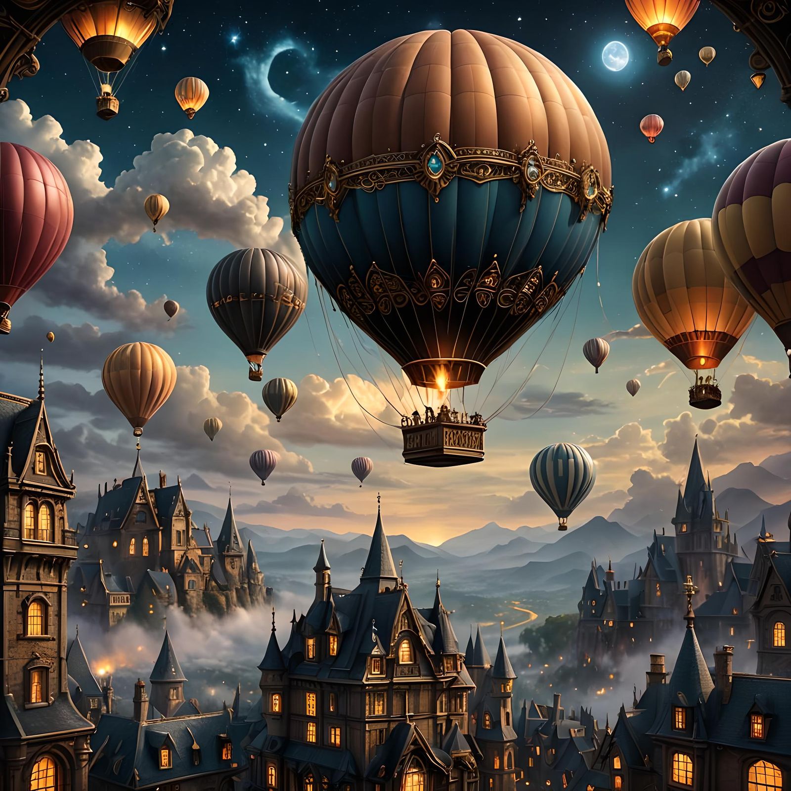 Steampunk Hot Air Balloon in Night Sky, Matte Painting