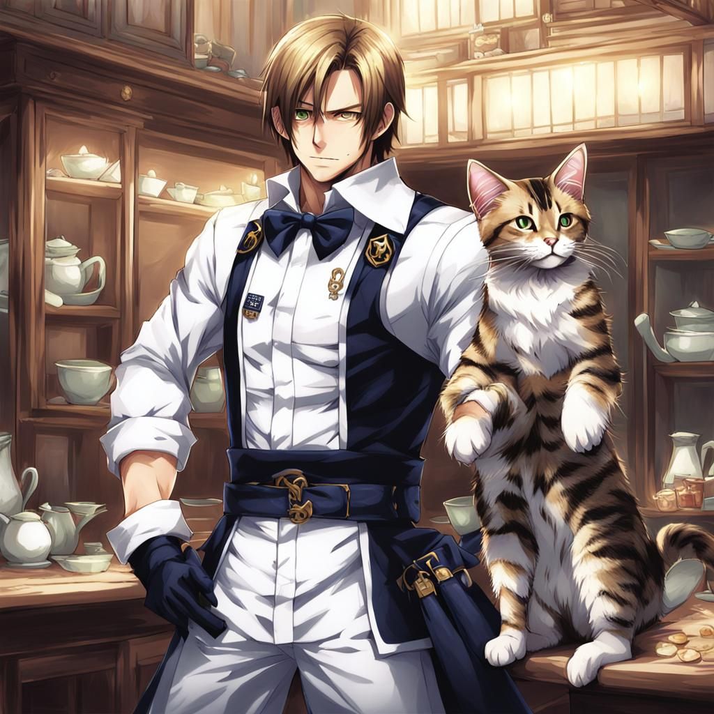 Leon Kennedy in Cat Maid Outfit, Anime Style