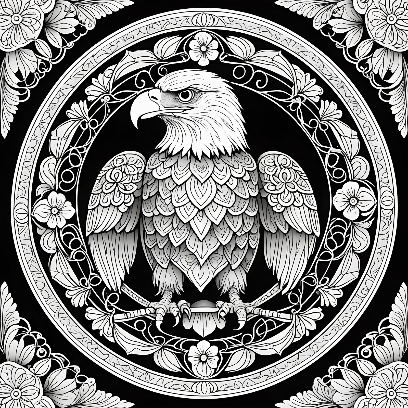 Eagle Mandala Coloring Page With Floral Shapes