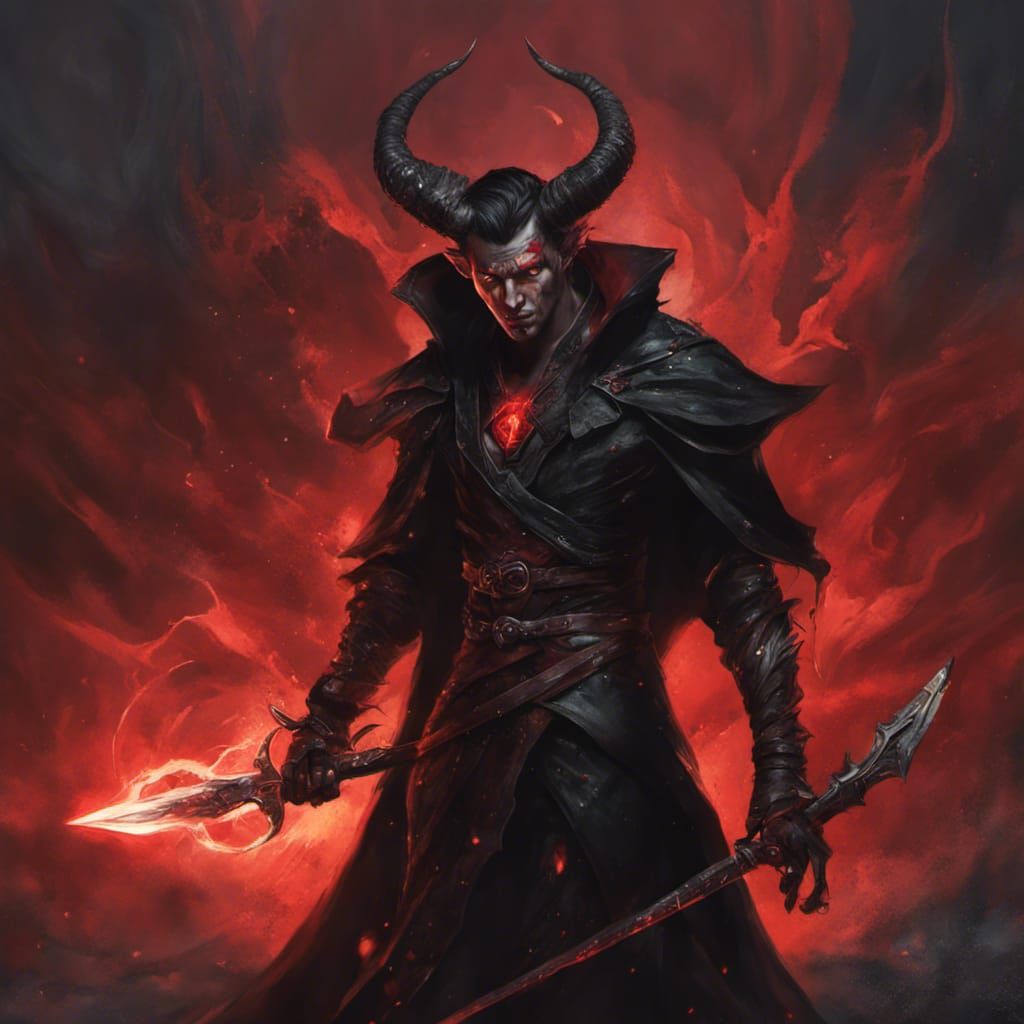 Tiefling Magus with Red Sword: Dark Fantasy Art