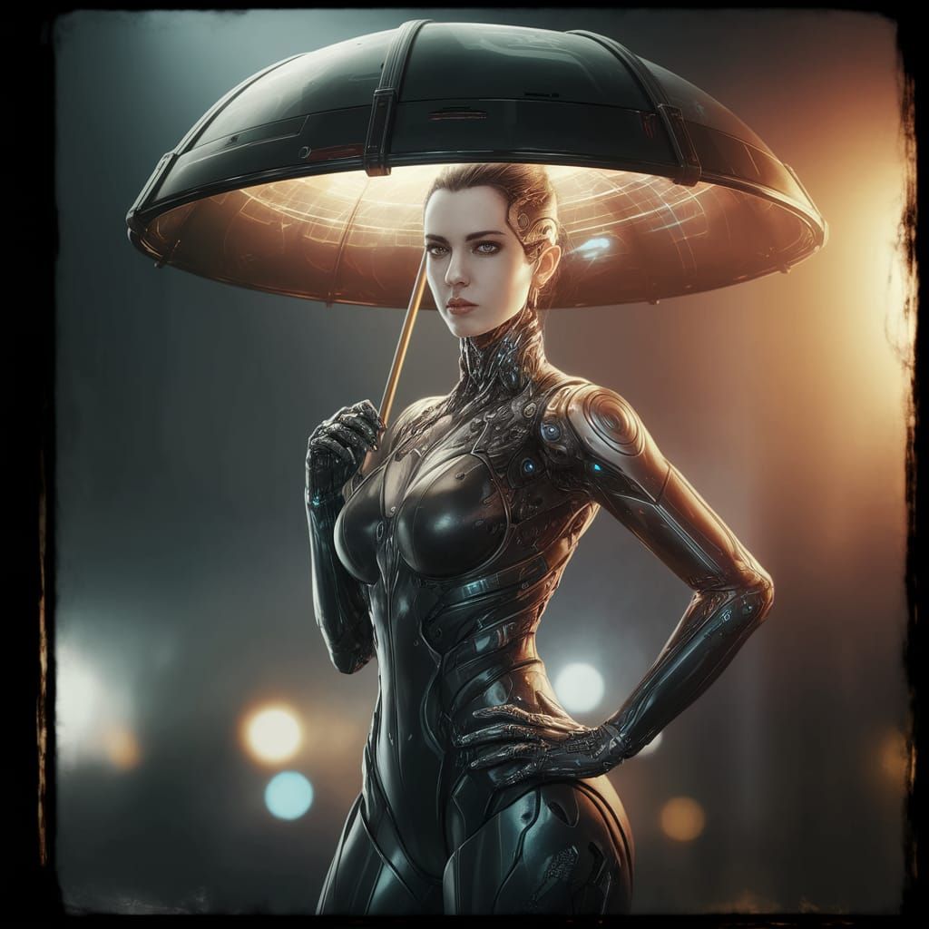 High-Tech Vampire Under Futuristic Umbrella