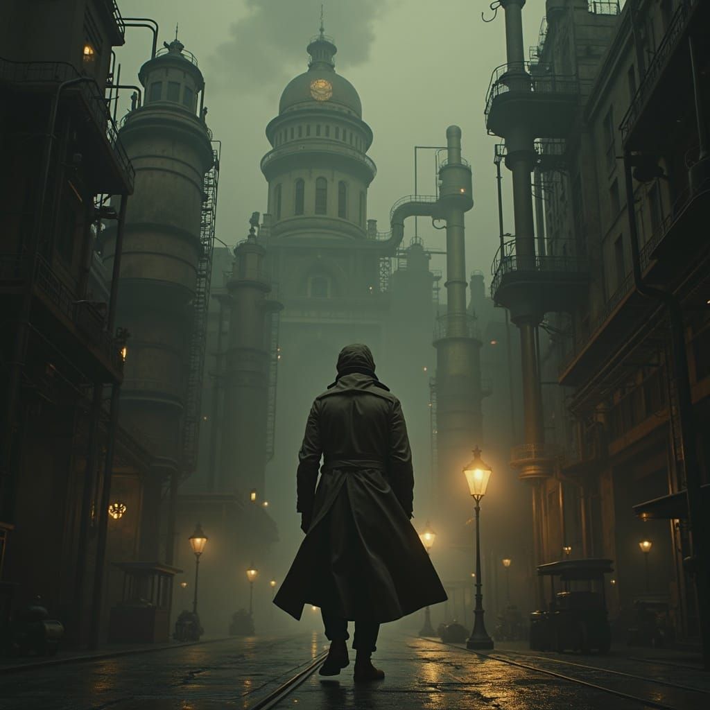 Steampunk Dystopian Cityscape With Trench Coat Figure