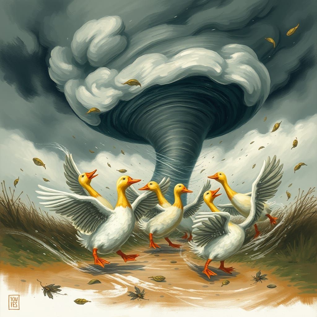 Ducks in a Tornado: A Whimsical Storm Scene