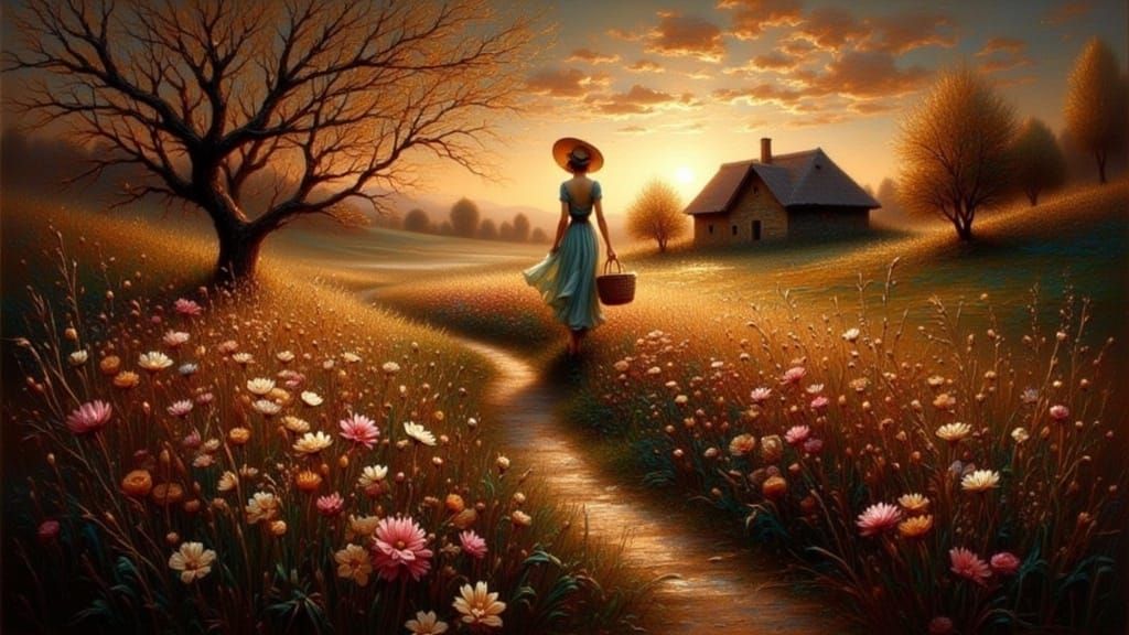 Woman Walking Along Winding Dirt Path in Golden Spring Light