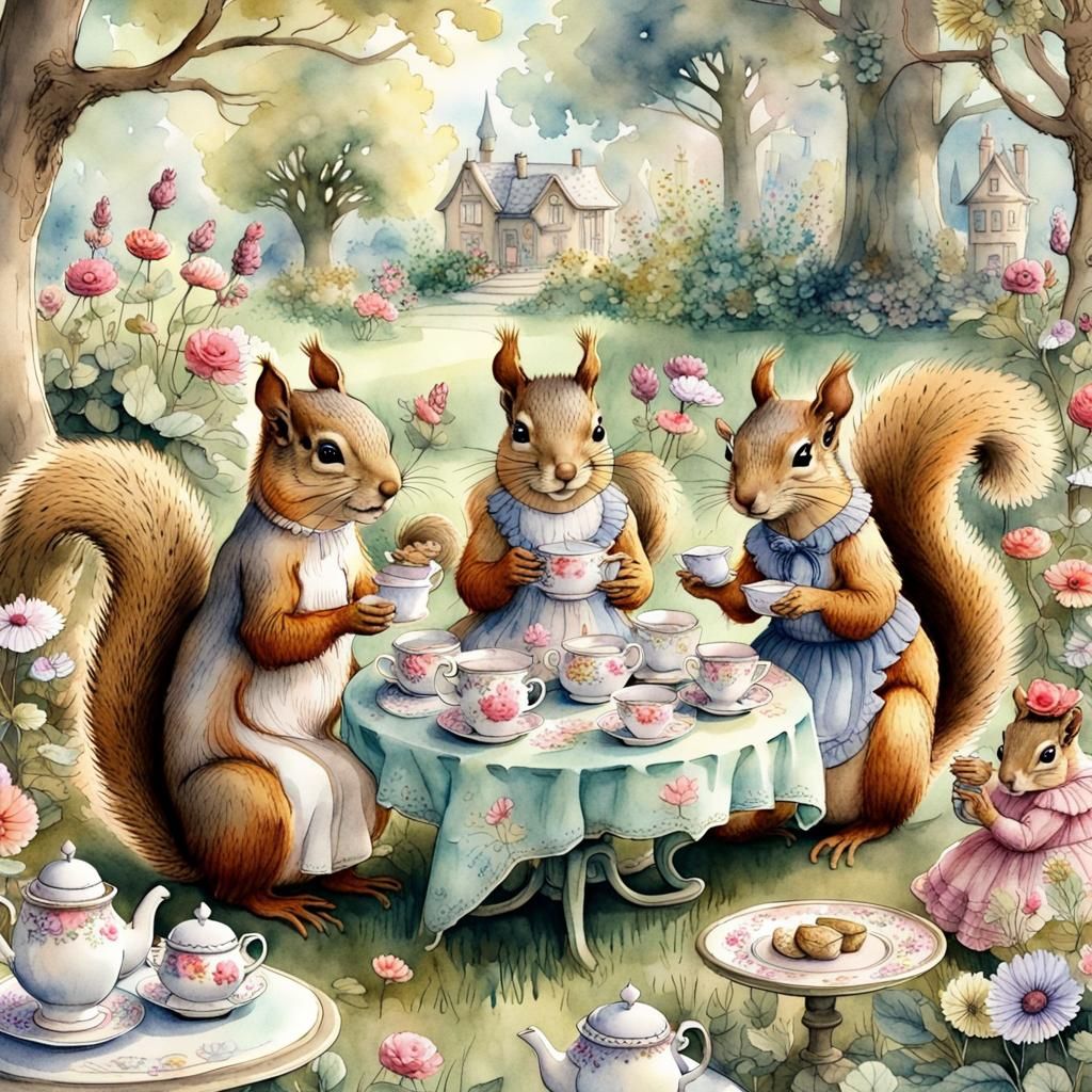 Whimsical Squirrel Tea Party in Watercolor Style
