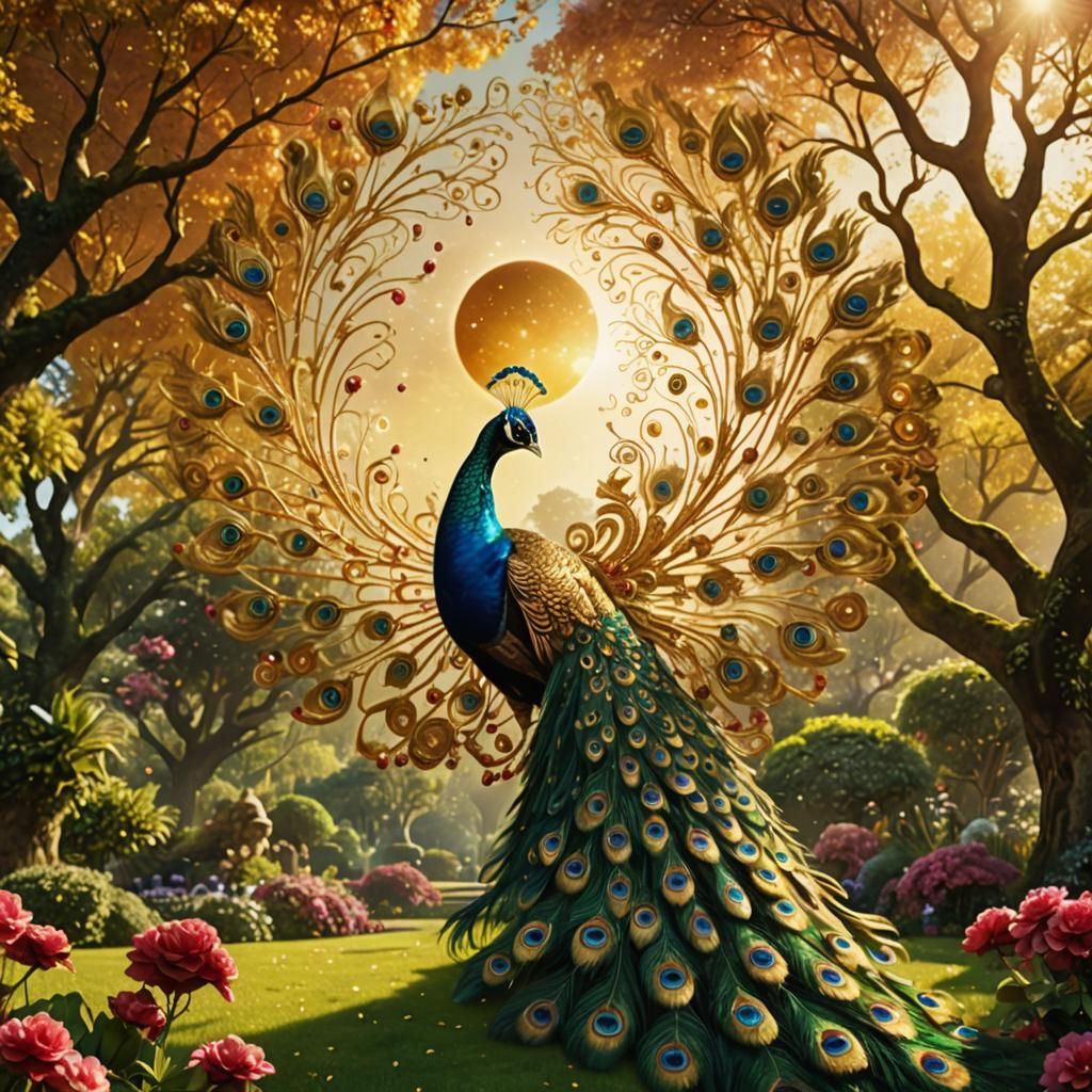 Gilded Cherry Peacock in Surrealist Garden