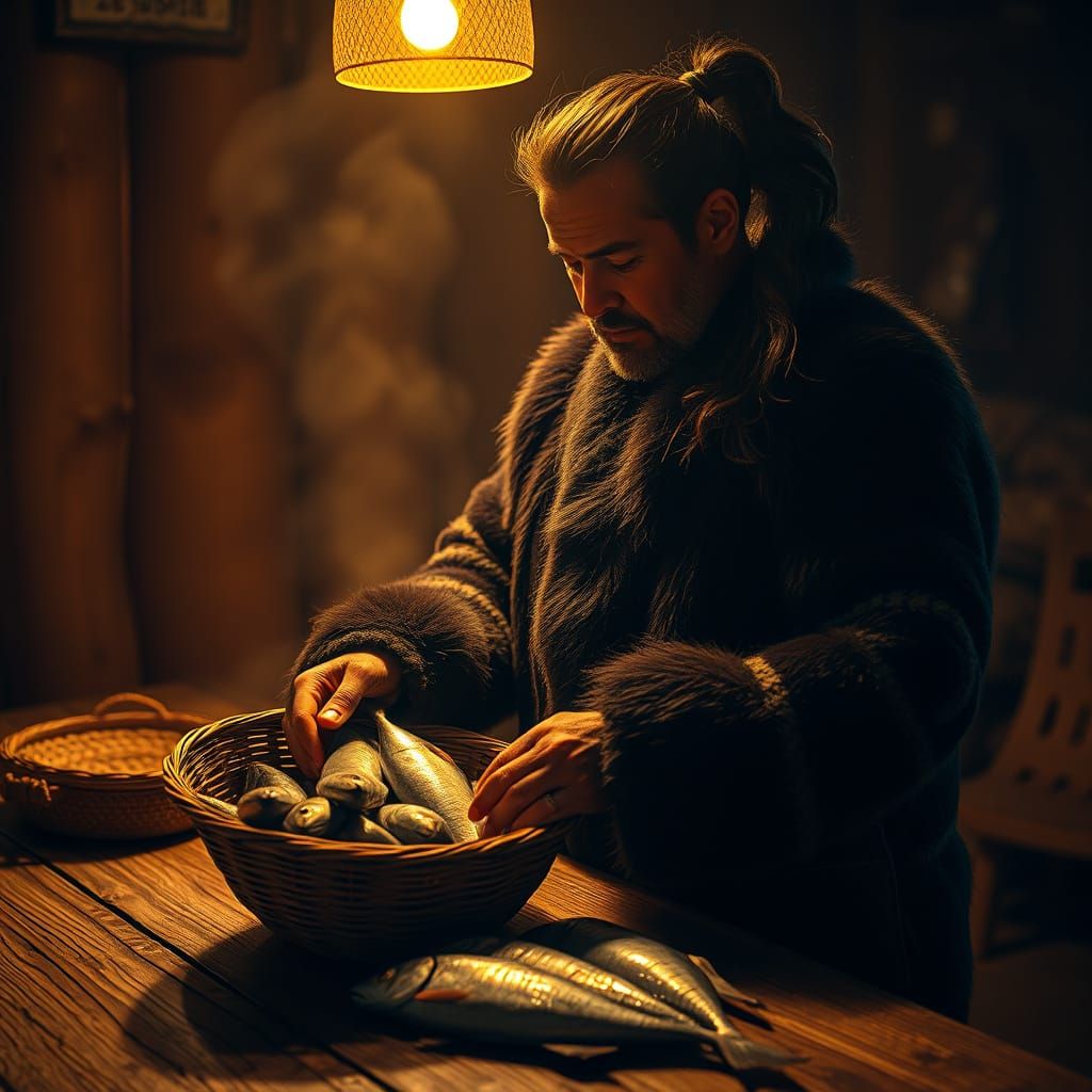 Esquimau Fisherman in Warm Native House Interior