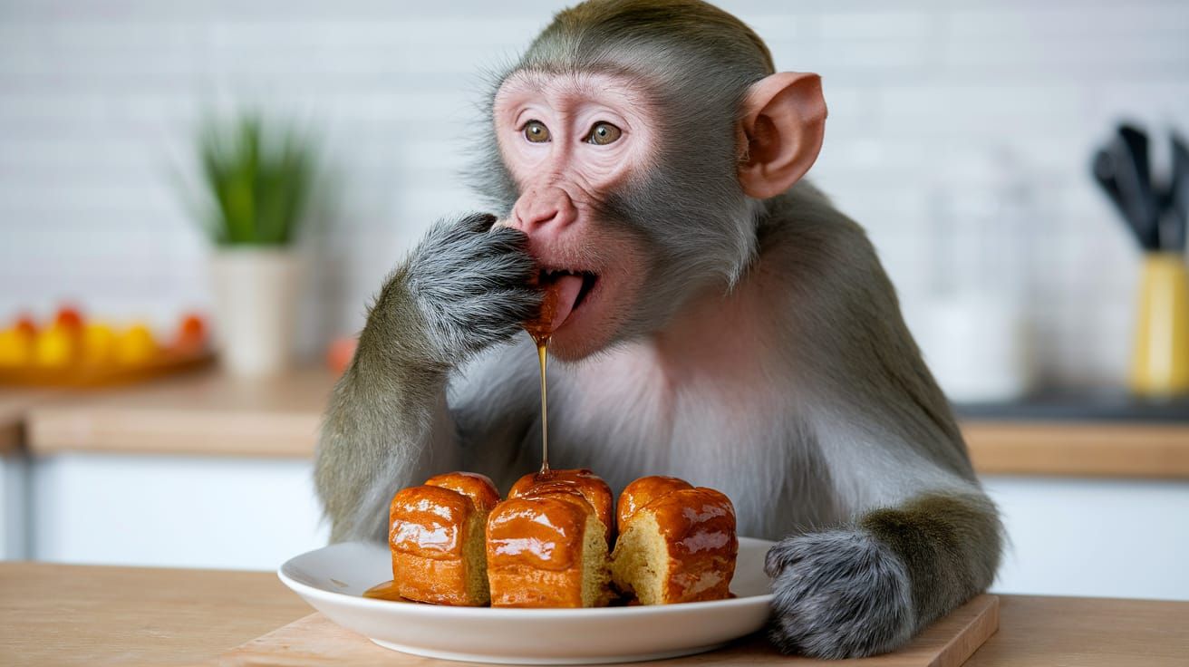 Monkey Eating Monkey Bread with Dripping Syrup