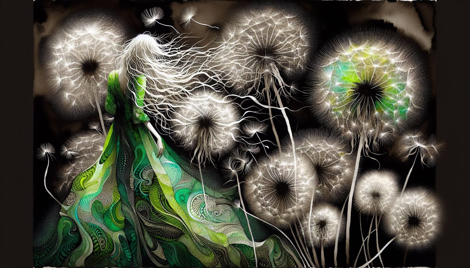 Ethereal Watercolor Dandelions in Emerald Dreamscapes