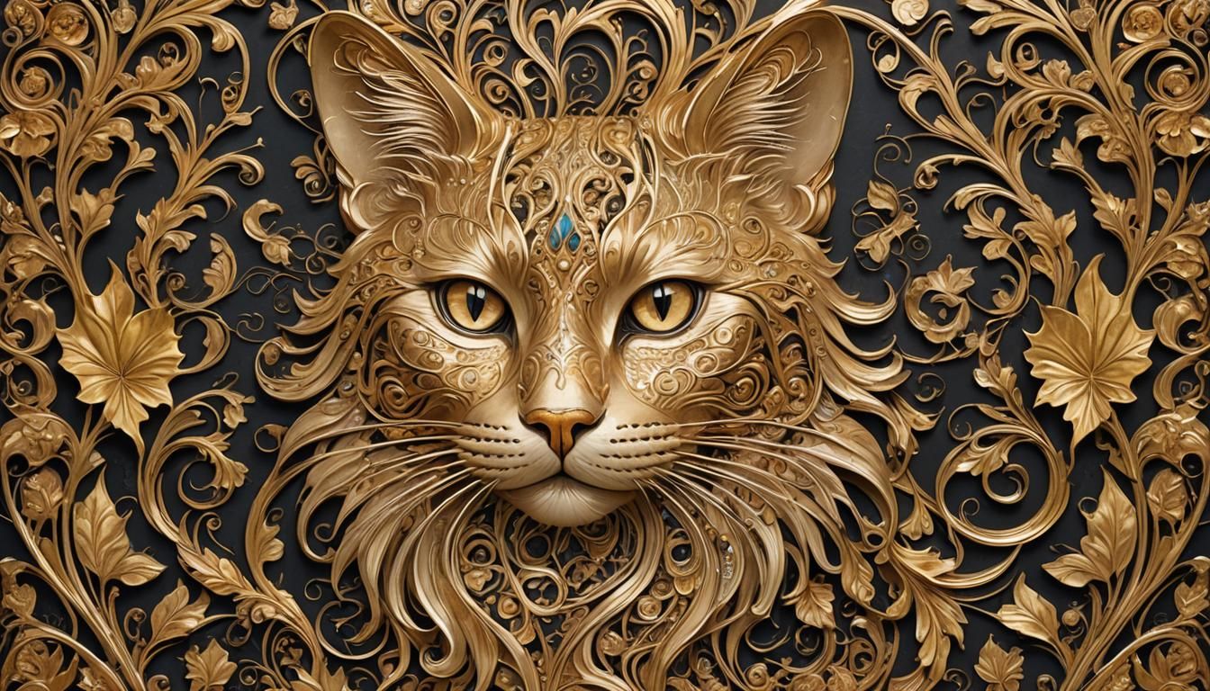 Gilded Art Nouveau Cat Portrait in Gold Filigree