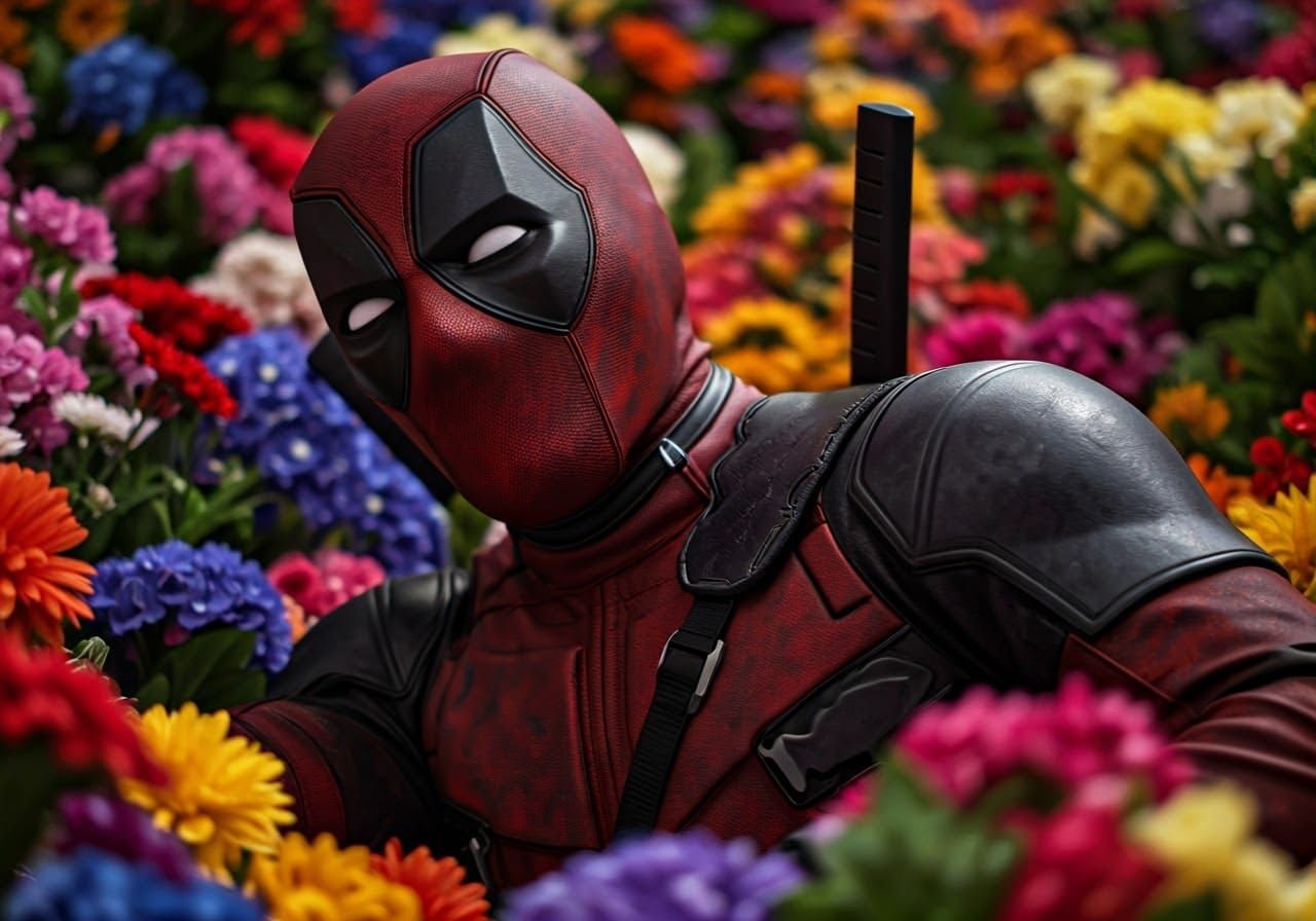 Deadpool Surrounded by Flowers, Studio Portrait