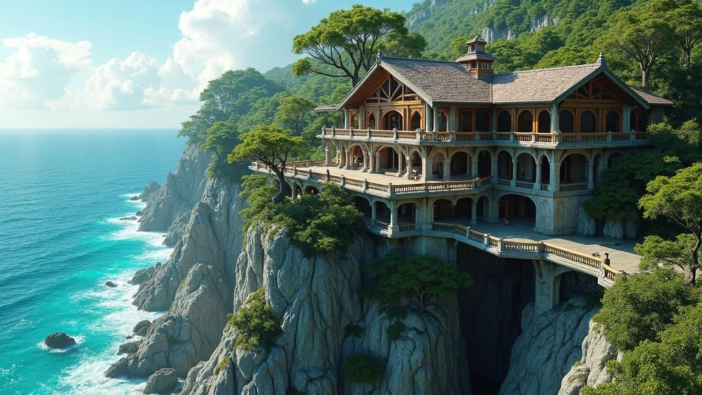 Cliffside Mansion Overlooking Turquoise Ocean in Fantasy Sty...