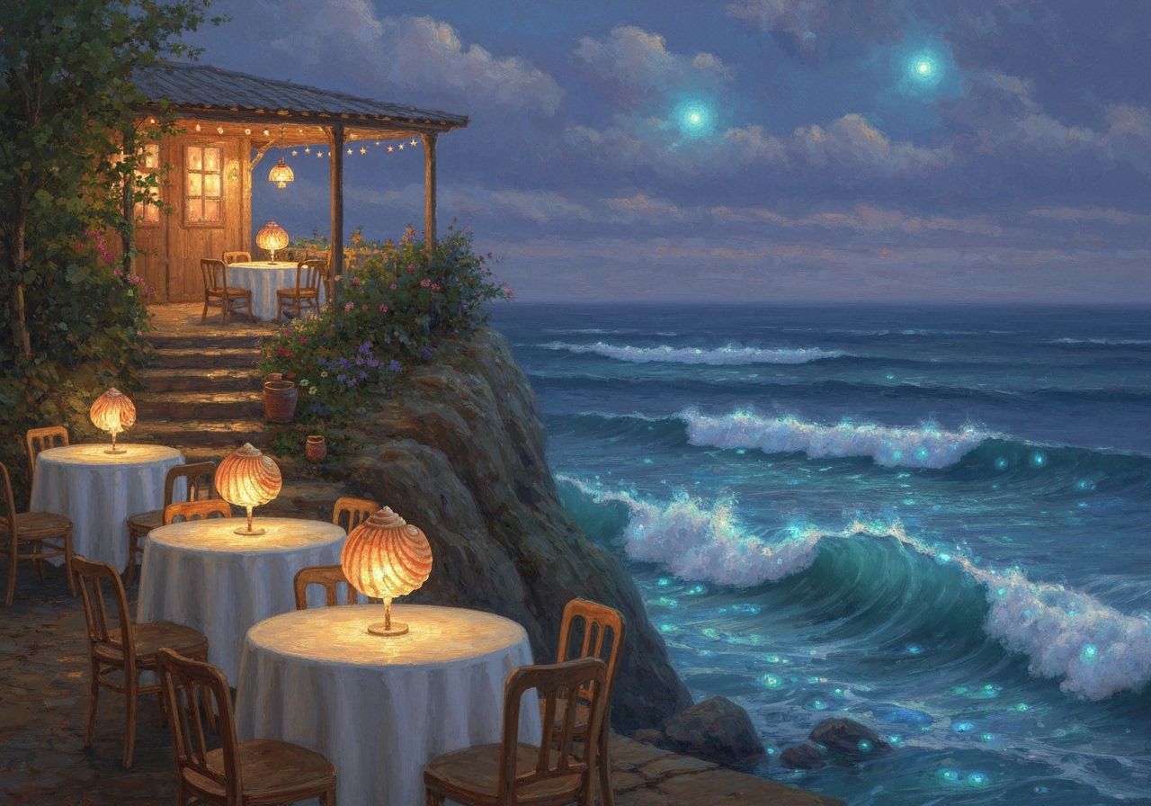 Seaside Cliff Cafe with Bioluminescent Waves