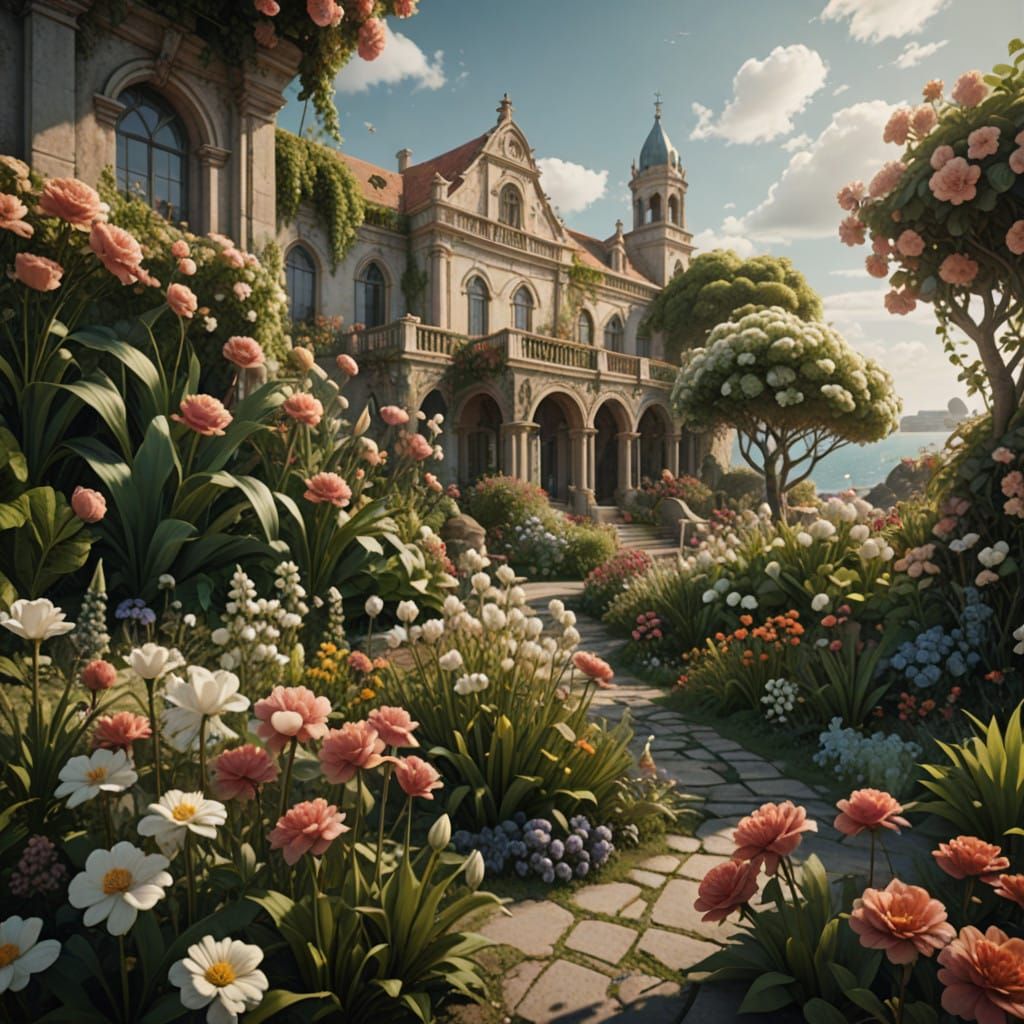 Renaissance-Inspired Garden Scene with Large Flowers
