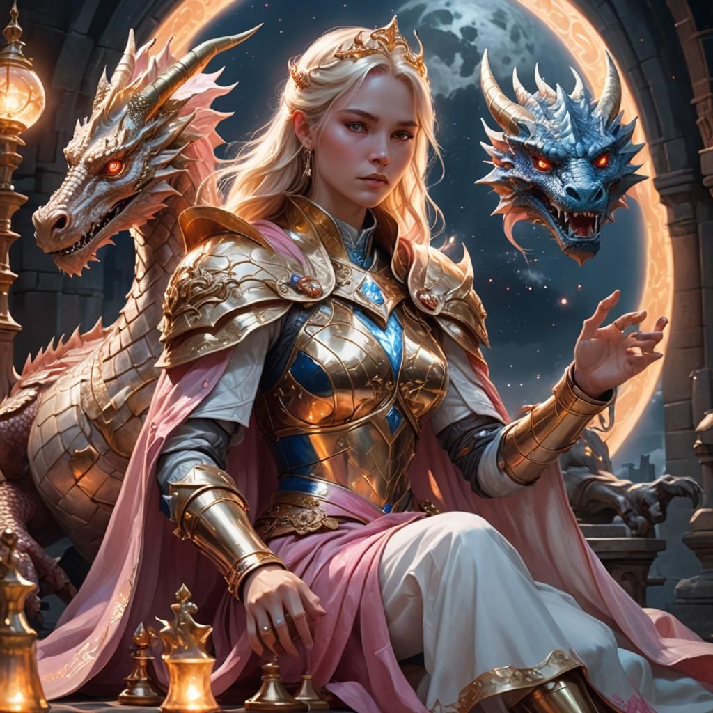 Goddess Plays Chess With Moon Dragon: Fantasy Art