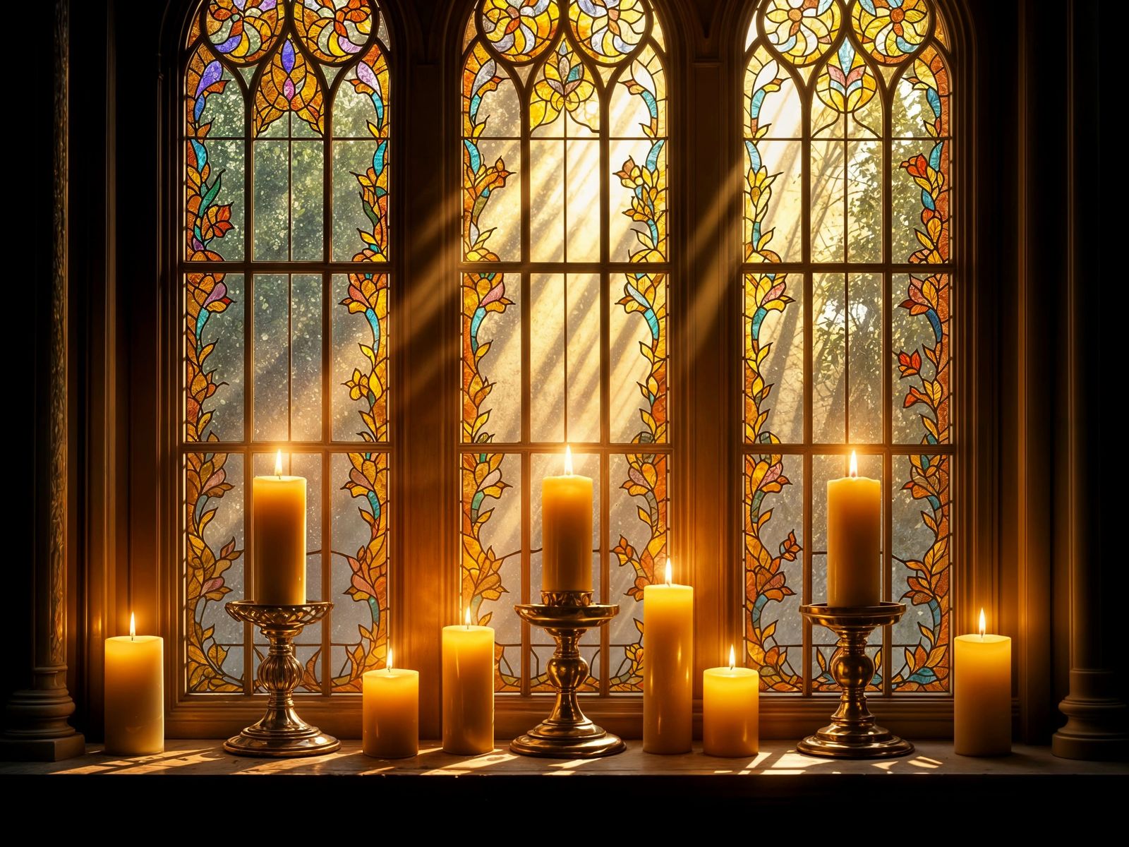 Stained Glass Candles in Gothic Window at Dawn