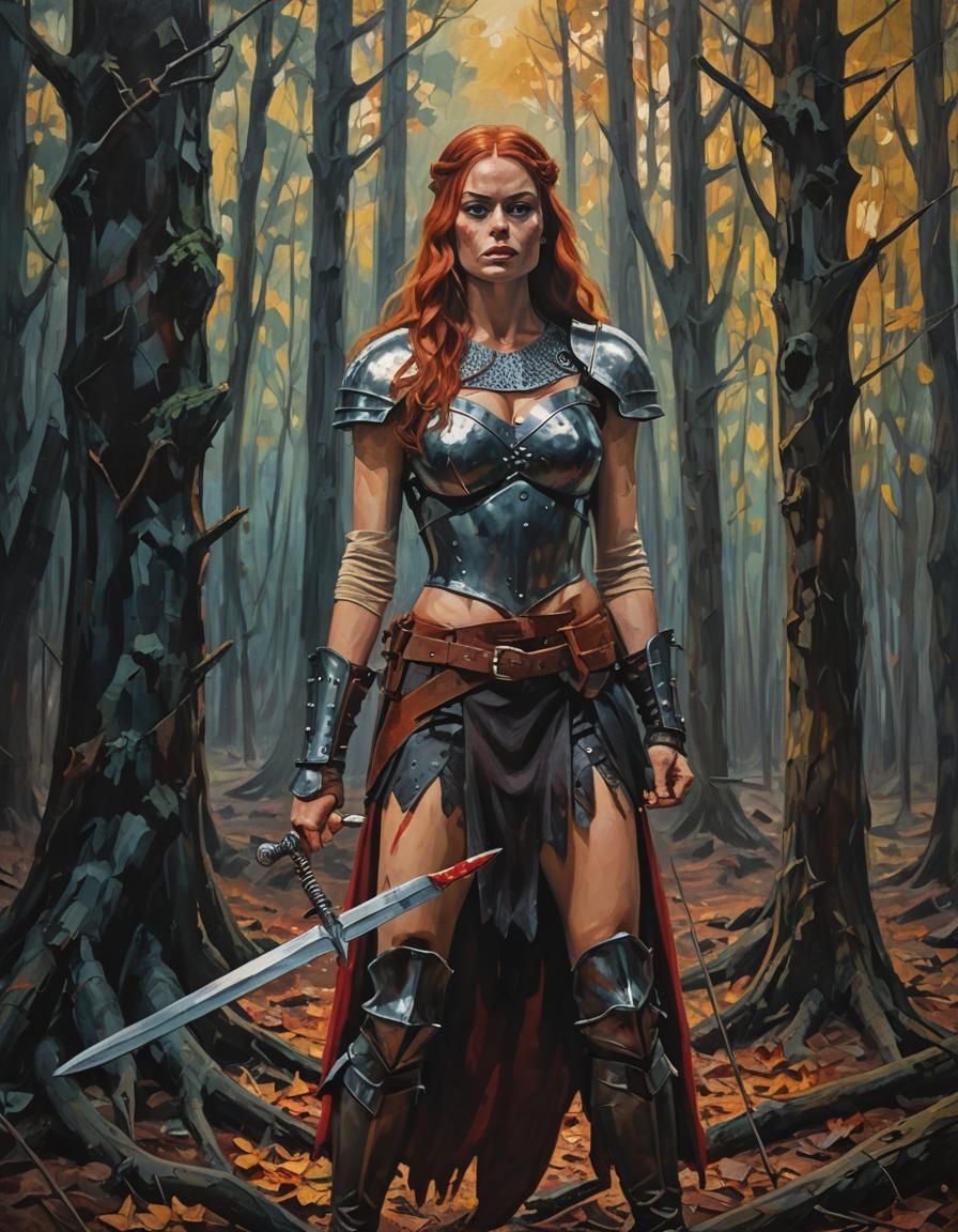 Vibrant Red Sonja Captured in Bold Expressionist Oil Paintin...