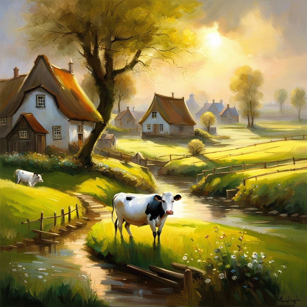 Magical Spring Village in Disney Pixar Style