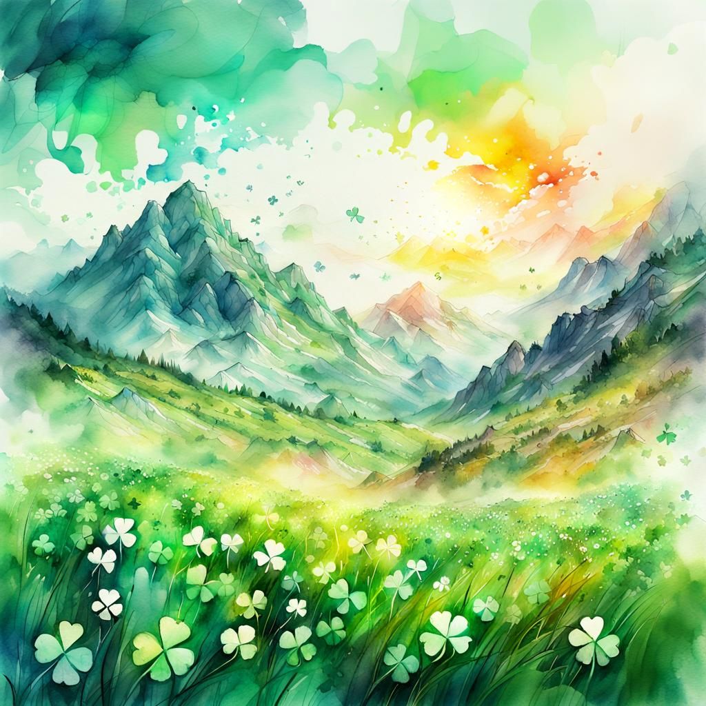 Four-Leaf Clover Field: Digital Watercolor Art
