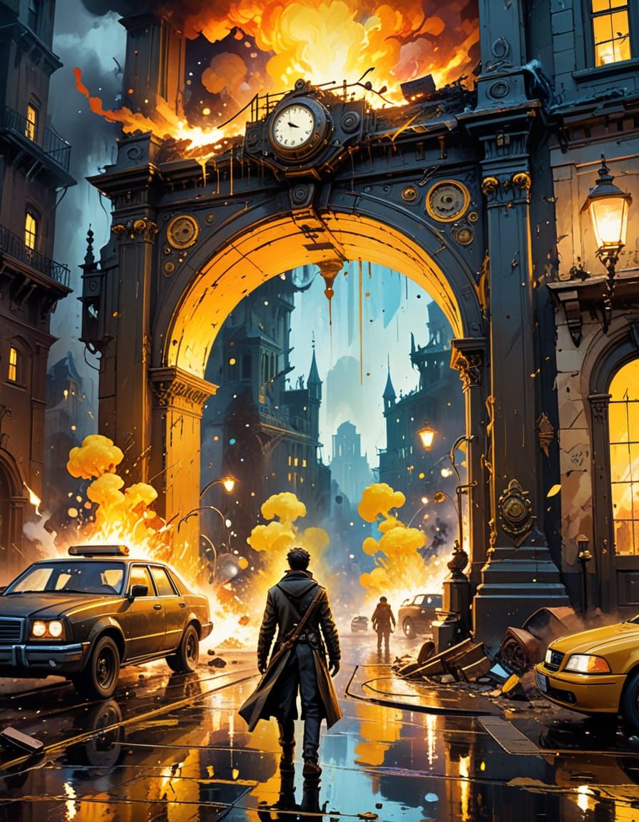 Steampunk Video Game Cover with City Background